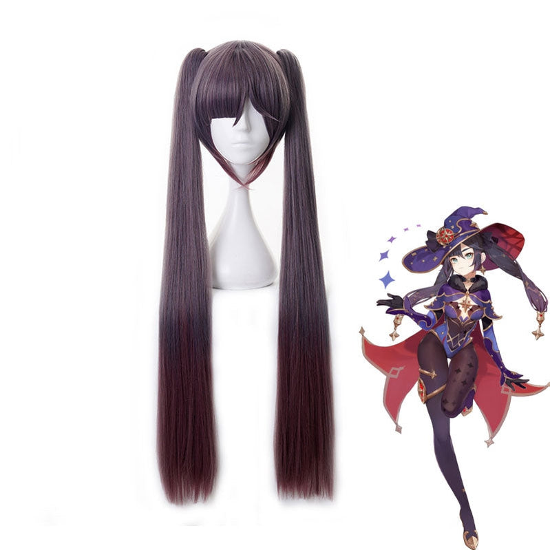Genshin Impact Mona Megistus Long Double Ponytail Dark Brown Cosplay Wigs