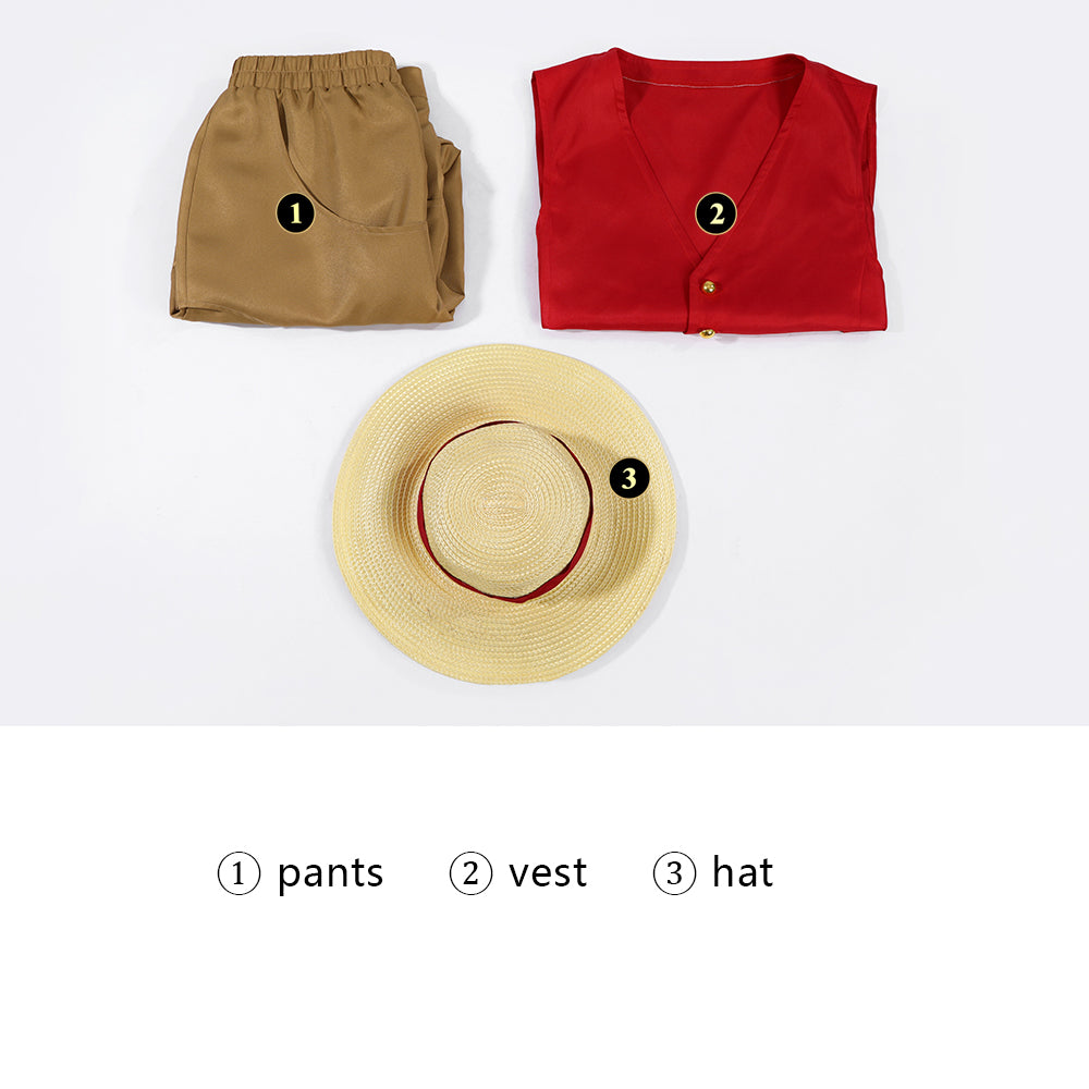 One Piece TV Season 2 Luffy Red Vest Pants Outfit Cosplay Costumes