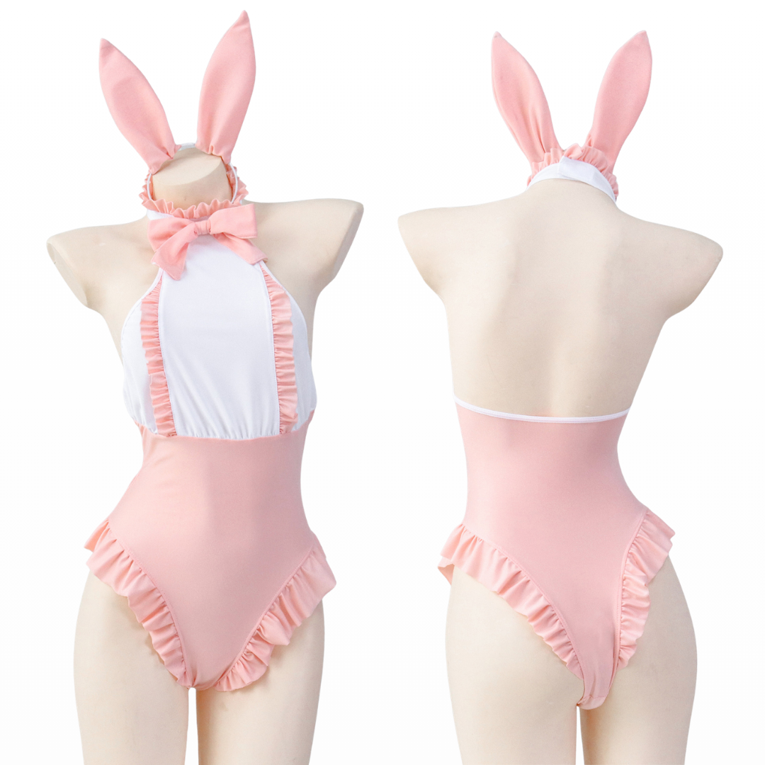 omgcos Kawaii Pink Ruffled Apron Style Bunny Bodysuit Cosplay Costume