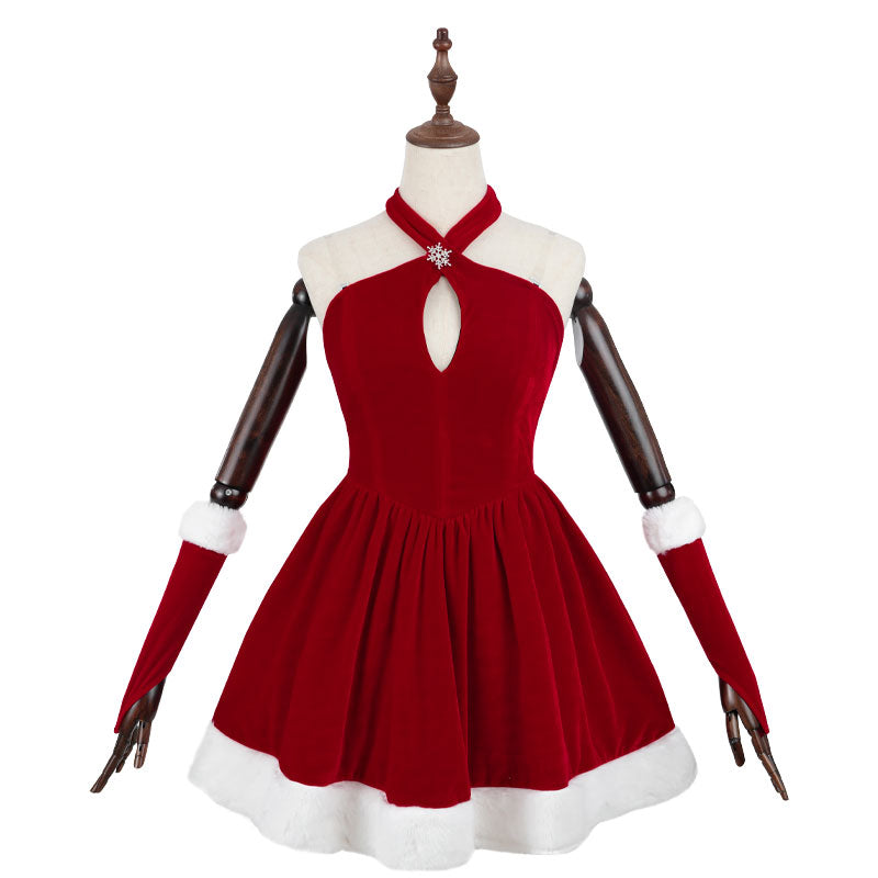Ready To Ship Christmas Cosplay Velvet Dress Halter Santa Girl Holiday Outfit