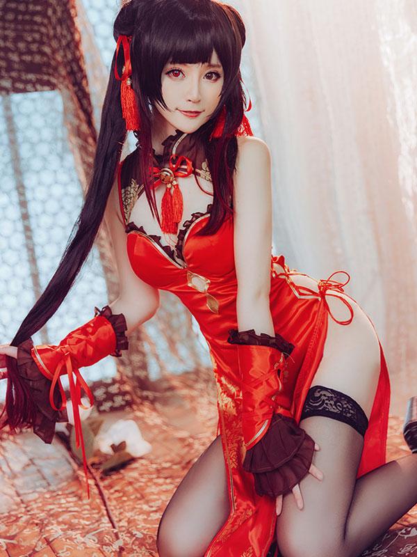 Date A Live Kurumi Tokisaki New Year Red Cheongsam Cosplay Costume