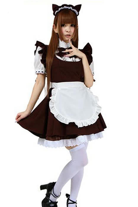 Japanese Cafe Maid Outfits Lolita White Dress and Black Apron Cosplay Costume