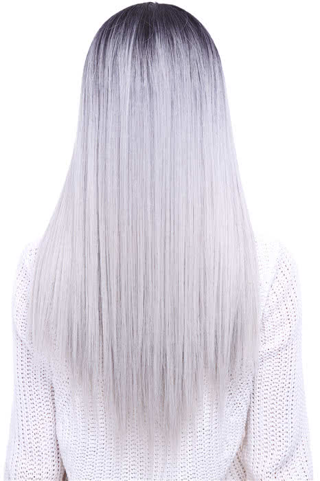 65cm Black Mixed White Long Straight Invisible Lace Wig