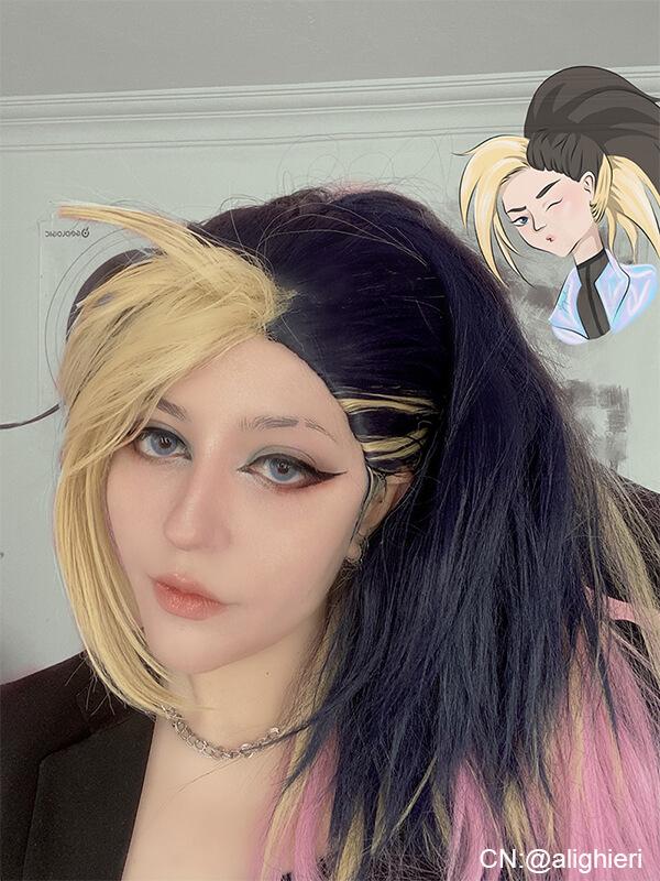 LOL KDA BADDEST Akali Blue Mixed Yellow Long Cosplay Wigs Halloween wig