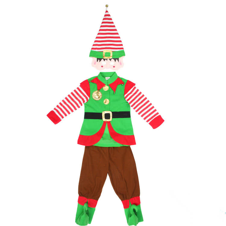 New Style Green Children Christmas Costume with Red and White Striped Hat