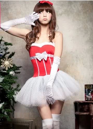 Hot Christmas costumes red dress strapless skirt with white gloves for free