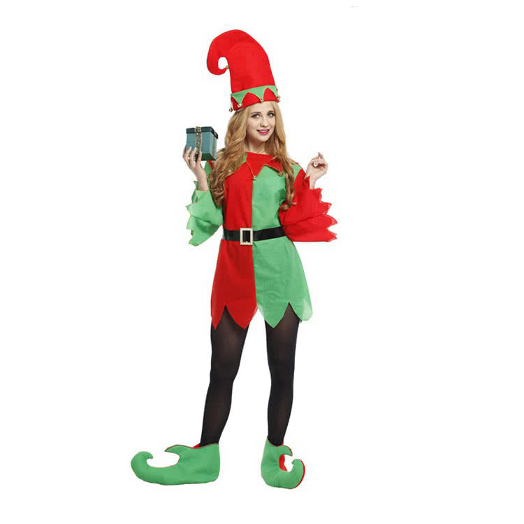 Funny couples Christmas costumes perform uniforms green mix red suit