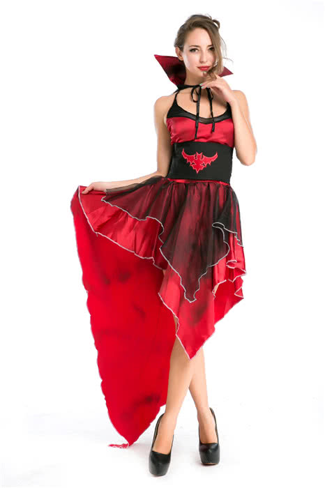 Sexy hot popular Womens Vampire Halloween costume Red dress with black gauze