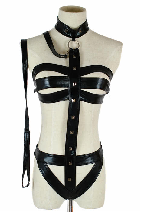 Black Leather Sexy Genie Halloween Costume with Bind Conjoined Role Playing Cosplay Uniform
