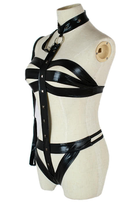 Black Leather Sexy Genie Halloween Costume with Bind Conjoined Role Playing Cosplay Uniform