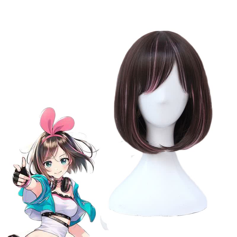 Youtuber Kizuna AI Short Straight Brown Mixed Pink Cosplay Wigs