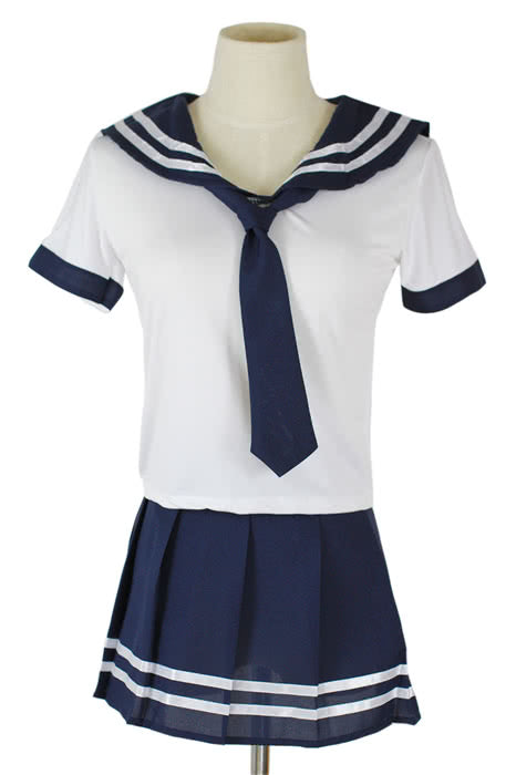 Classic White and Blue School Girl Sailor Costume of Students with Short Sleeves