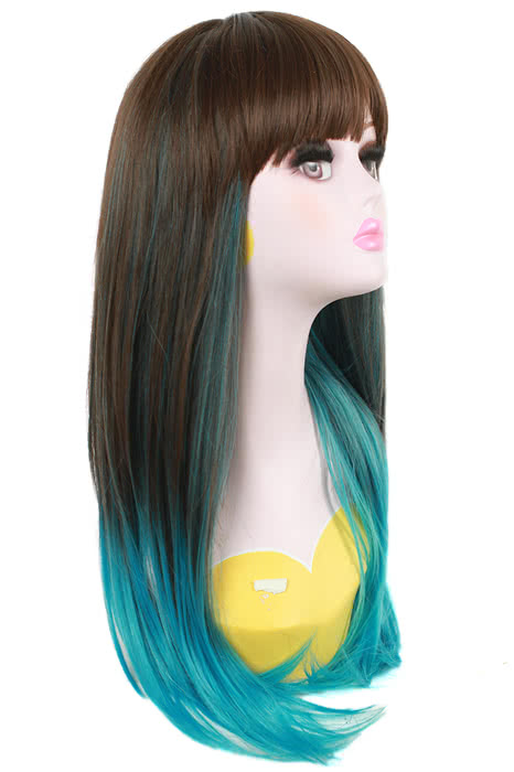 60cm Long Cosplay Wig Mixed Color Blue Straight Fade Women Hair?