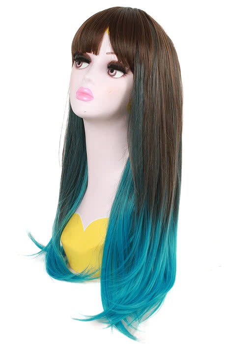 60cm Long Cosplay Wig Mixed Color Blue Straight Fade Women Hair?