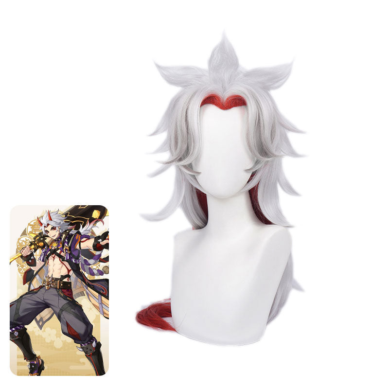 Genshin Impact Arataki Itto Silver Mixed Red Long Cosplay Wigs With Props