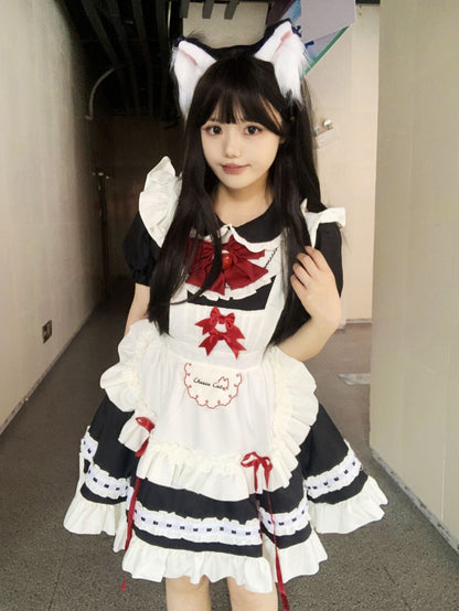 Cafe Waitress Red Bow Maid Outfit Lolita Dress Cosplay Costume