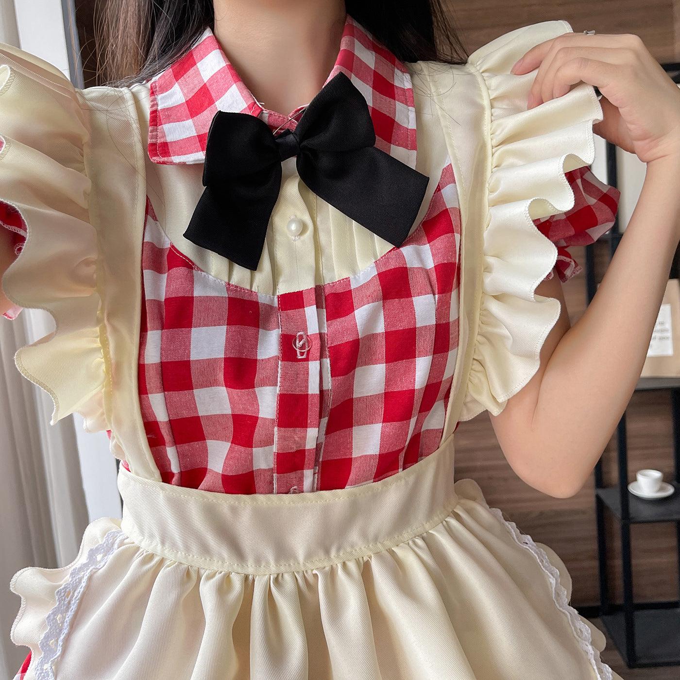 Black Red Grid Plus Size Maid Outfit Dress Fancy Cosplay Costume