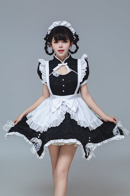 Black Low Contrast Damask Maid Outfit Cheongsam Cosplay Costume