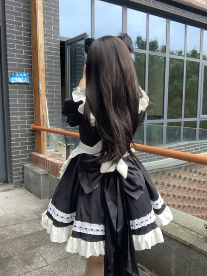 Cafe Waitress Red Bow Maid Outfit Lolita Dress Cosplay Costume