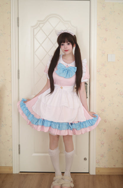 Blue Bow Pink Maid Outfit Crossdresser Plus Dress Cosplay Costume