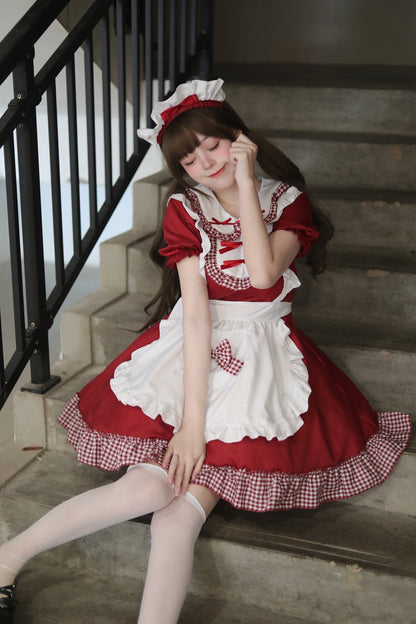 Classic Plaid Christmas Maid Outfit Plus Dress Cosplay Costume