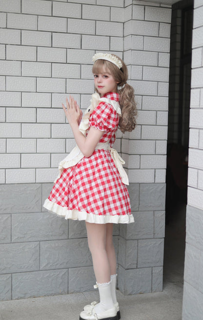Black Red Grid Plus Size Maid Outfit Dress Fancy Cosplay Costume