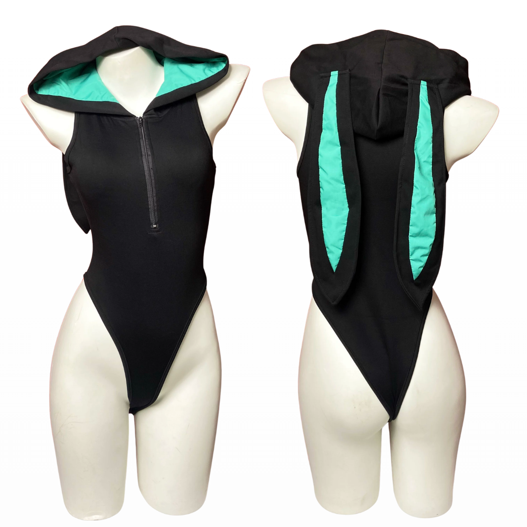 omgcos Black & Mint Green Hooded Bunny Bodysuit