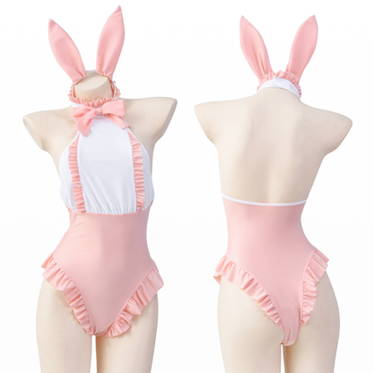 omgcos Kawaii Pink Ruffled Apron Style Bunny Bodysuit Cosplay Costume