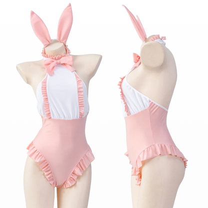 omgcos Kawaii Pink Ruffled Apron Style Bunny Bodysuit Cosplay Costume