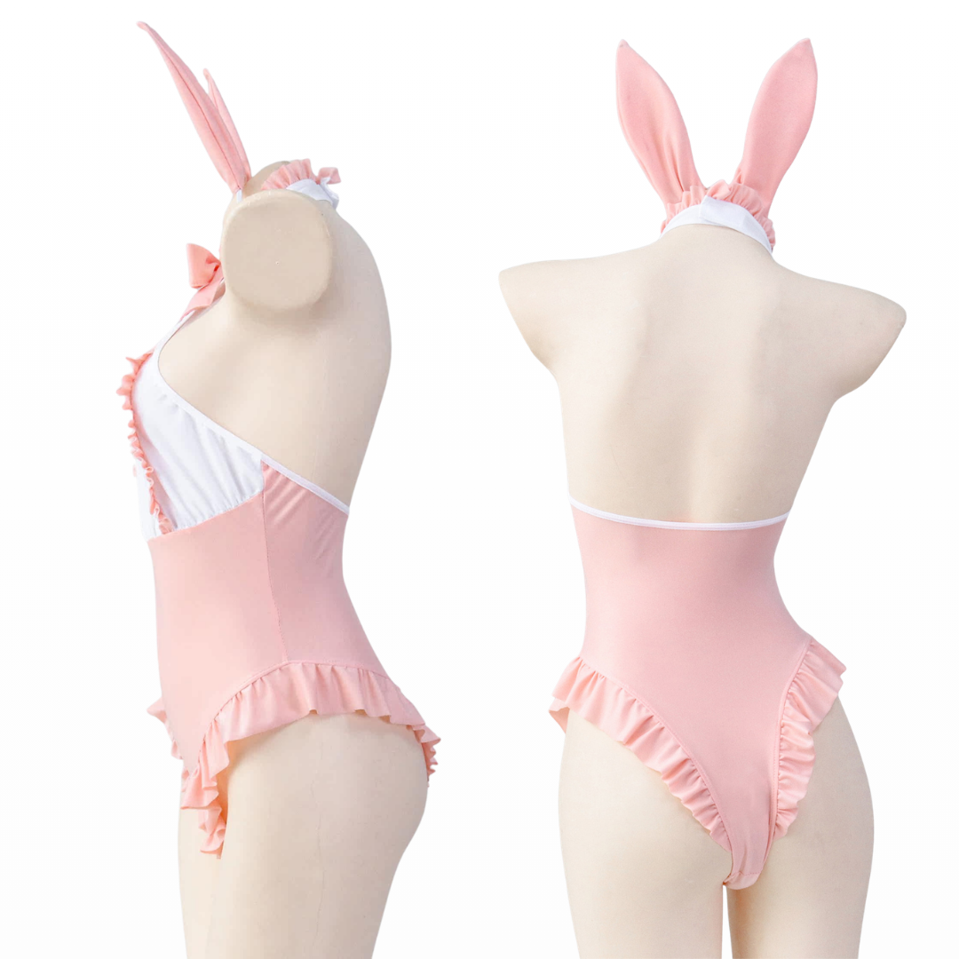 omgcos Kawaii Pink Ruffled Apron Style Bunny Bodysuit Cosplay Costume