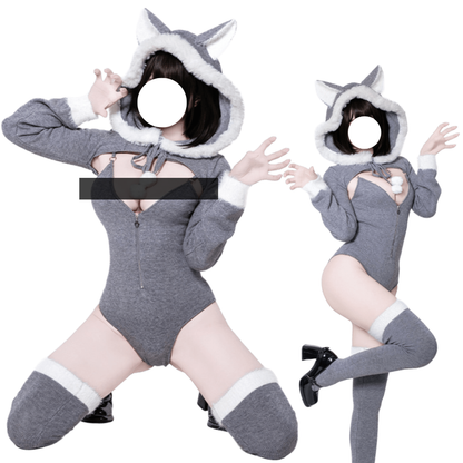 omgcos Sexy Cozy Heather Grey Cat-Ear Hooded Bodysuit Set