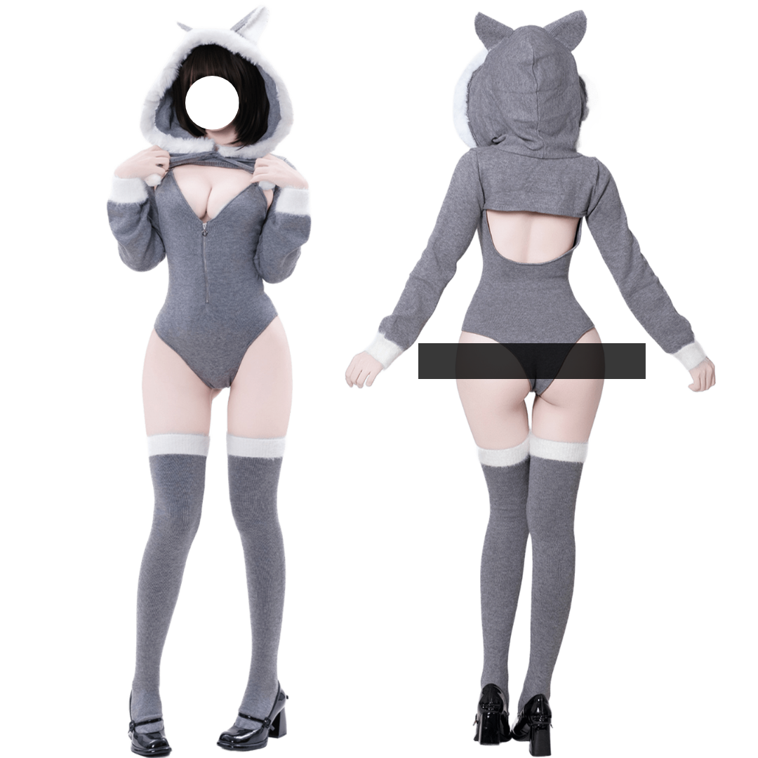 omgcos Sexy Cozy Heather Grey Cat-Ear Hooded Bodysuit Set