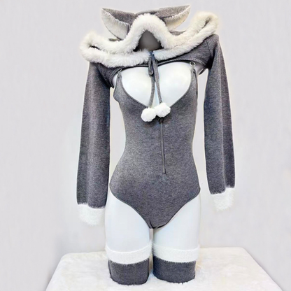 omgcos Sexy Cozy Heather Grey Cat-Ear Hooded Bodysuit Set