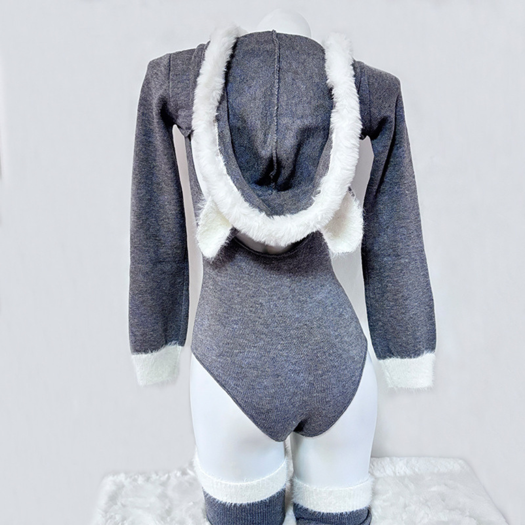 omgcos Sexy Cozy Heather Grey Cat-Ear Hooded Bodysuit Set