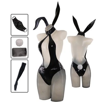 omgcos Black Bunny Bodysuit Sexy Cosplay Glossy Halter Cut-Out One-Piece