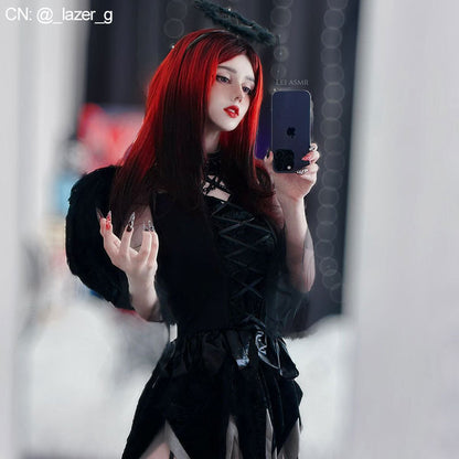 Black winged halloween Vampire Costumes With black headwear ring
