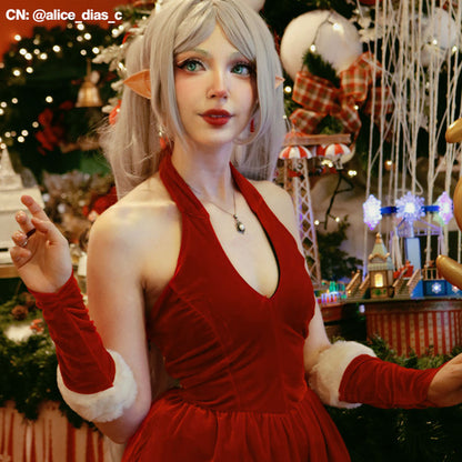 Ready To Ship Christmas Cosplay Velvet Dress Halter Santa Girl Holiday Outfit