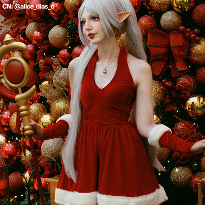 Ready To Ship Christmas Cosplay Velvet Dress Halter Santa Girl Holiday Outfit