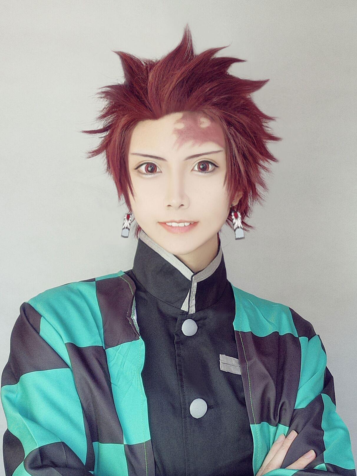 omgcos Anime Slayer Tanjirou Kamado Red Black Cosplay Wigs