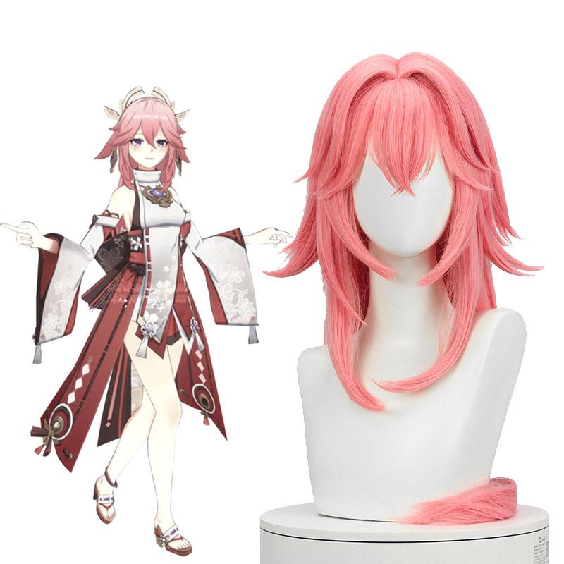 Game Genshin Impact Guuji Yae Miko Pink Long Cosplay Wigs