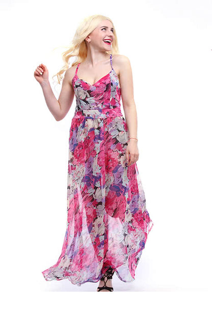 Women¡®s Chiffon V-neck Adjustable Waist Fashion Sexy Long Beach Strap Slim Dress