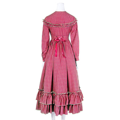 Women Long Sleeves Green Plaid Long Skirt