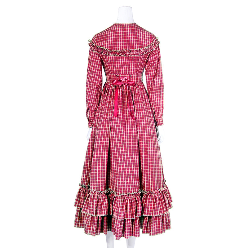 Women Long Sleeves Green Plaid Long Skirt
