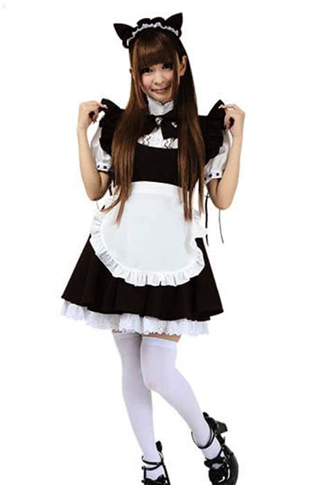 Japanese Cafe Maid Outfits Lolita White Dress and Black Apron Cosplay Costume