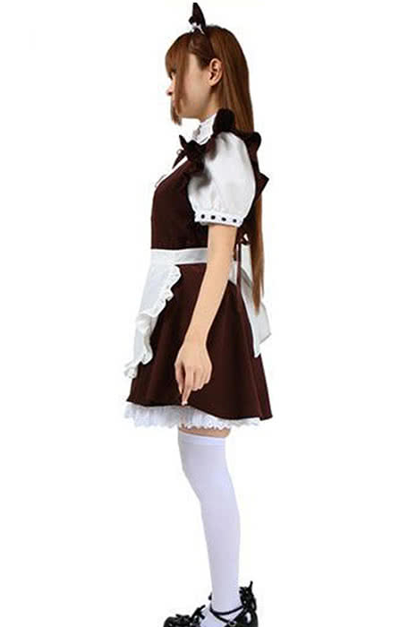 Japanese Cafe Maid Outfits Lolita White Dress and Black Apron Cosplay Costume