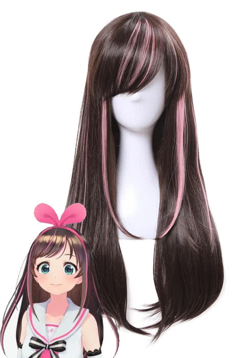 65cm Long Kizuna AI Cosplay Wigs Black and Pink Woman Wigs
