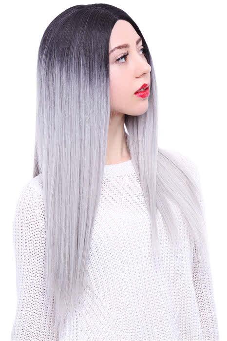 65cm Black Mixed White Long Straight  Invisible Lace Wig