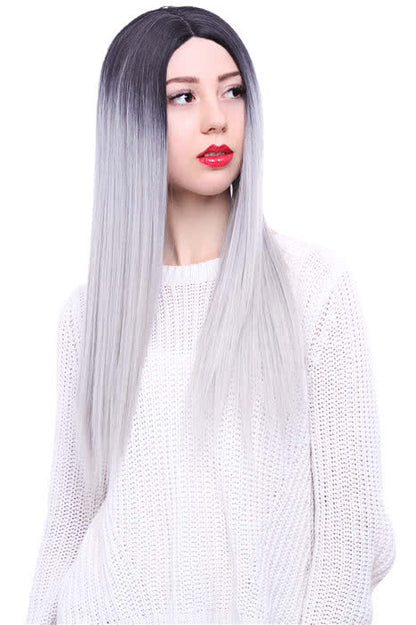 65cm Black Mixed White Long Straight  Invisible Lace Wig