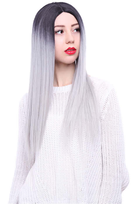 65cm Black Mixed White Long Straight  Invisible Lace Wig