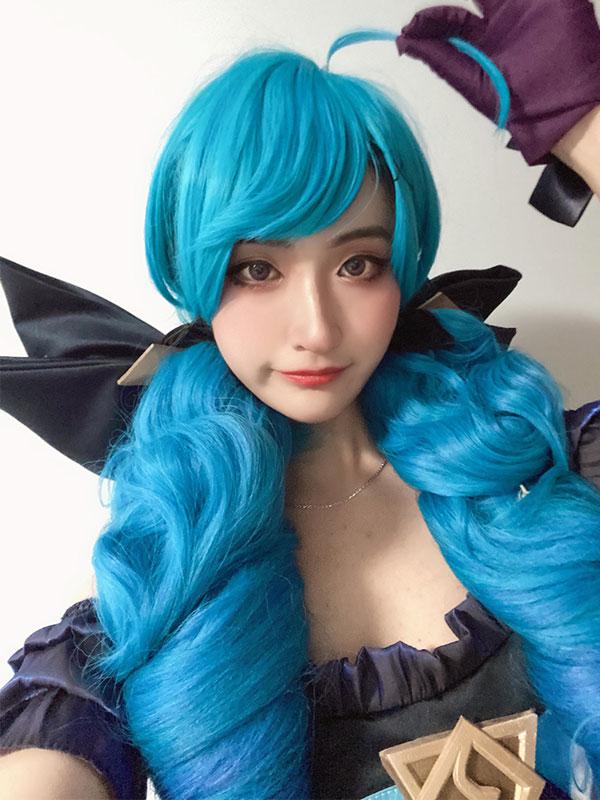 LOL Gwen Blue Gradient Ponytail  Wavy Long Cosplay Wigs Halloween wig